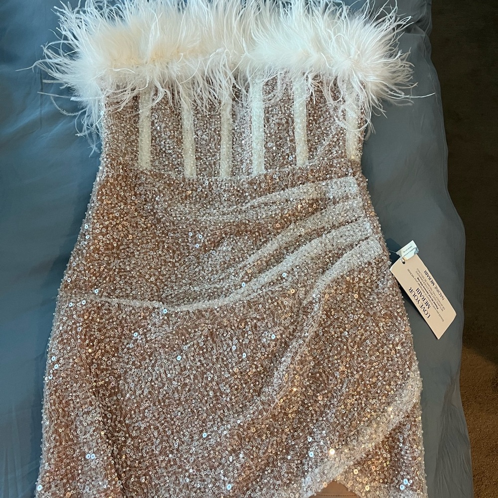 NADINE MERABI Sequin Midi Dress with Feather Trim